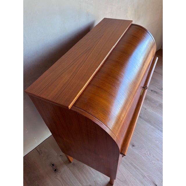 Mid-Century Teak Rolltop Secretary Desk Signed Egon Ostergaard With Label Made in Sweden For Sale - Image 12 of 17