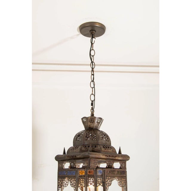 Spanish Revival Vintage Moroccan Hanging Lantern Clear and Multicolor Glass Made in Marrakech For Sale - Image 3 of 12