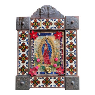 Large Mexican Folk Art Niche With Mission Style Tile and Pressed Copper Frame For Sale