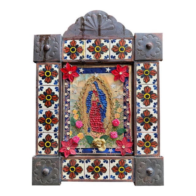 Large Mexican Folk Art Niche With Mission Style Tile and Pressed Copper Frame For Sale