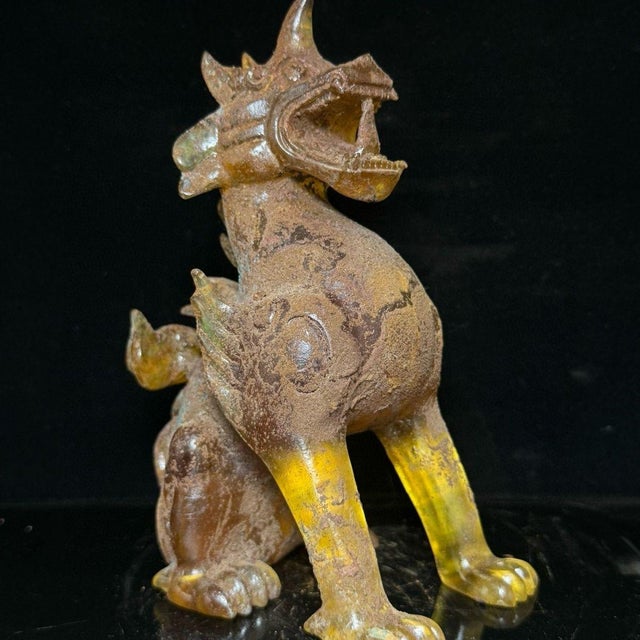Antique Glass Guardian Lion Sculpture – 7.1" Roaring Mythical Beast With Verdigris Patina For Sale In Los Angeles - Image 6 of 9