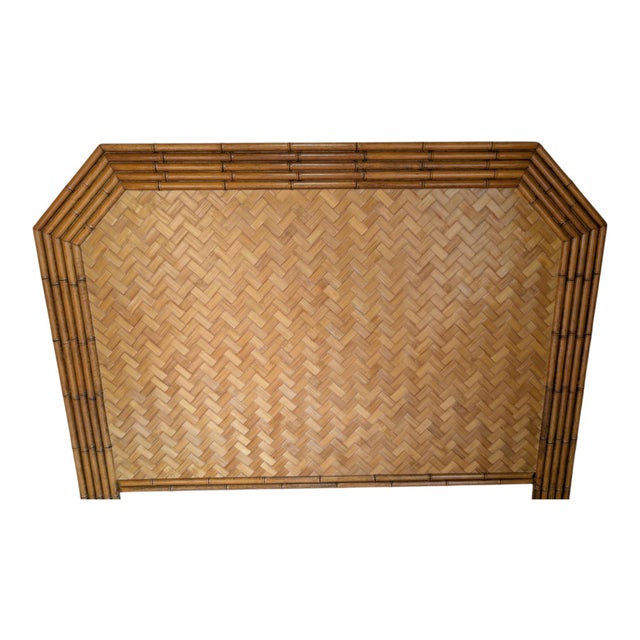 Vintage Faux Bamboo Full Headboard With Herringbone Parquet Rattan, in the Style of Dixie For Sale In Tampa - Image 6 of 10