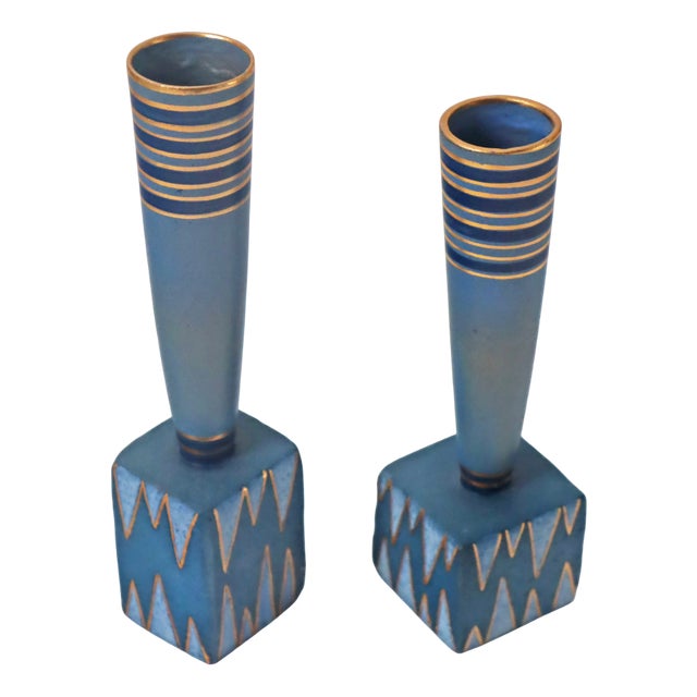 Postmodern Vases in Gold-Blue by Allan Hytholm, Denmark, 1980s, Set of 2 For Sale