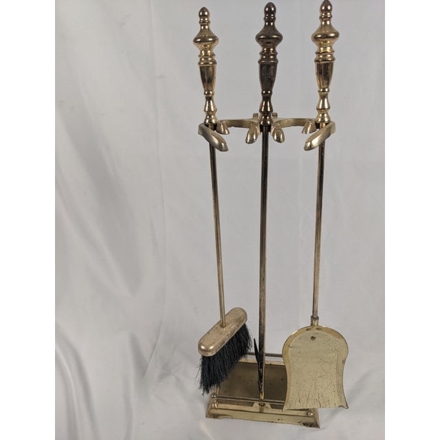 Metal Vintage Brass Fireplace Ensemble With Folding Screen, Andirons & Fire Tools For Sale - Image 7 of 18