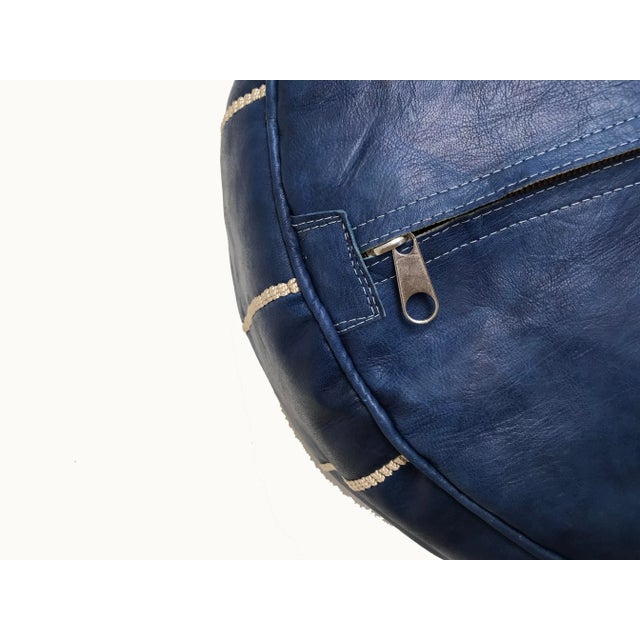 Art Deco Moroccan Blue Leather Pouf Covers - a Pair For Sale - Image 3 of 9