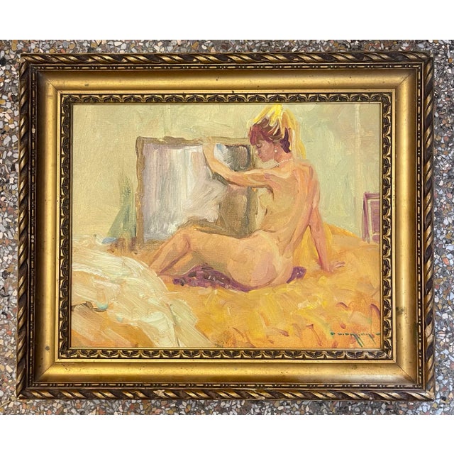 Oil painting of a nude woman at a mirror France 1960 This painting depicts a young nude woman from behind on a comfortable...
