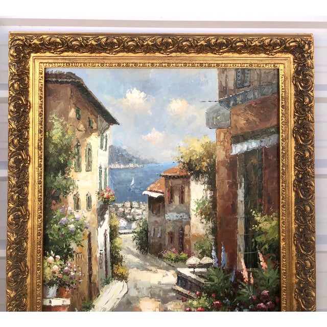 Large Vintage Mediterranean Street Coastal Landscape Oil Painting Ornate Gold Wood Frame For Sale - Image 4 of 13