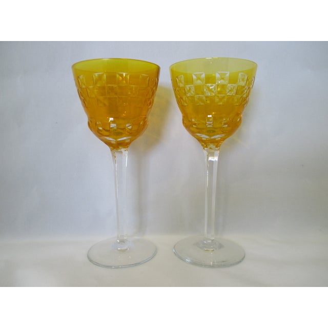 Art Deco Bohemian Canary Yellow Cased Cut to Clear Vintage Wine Glasses - a Pair For Sale - Image 3 of 13