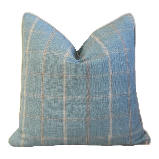 Stunning Blue, Gray & Cream Woven Plaid Feather/Down Pillow For Sale