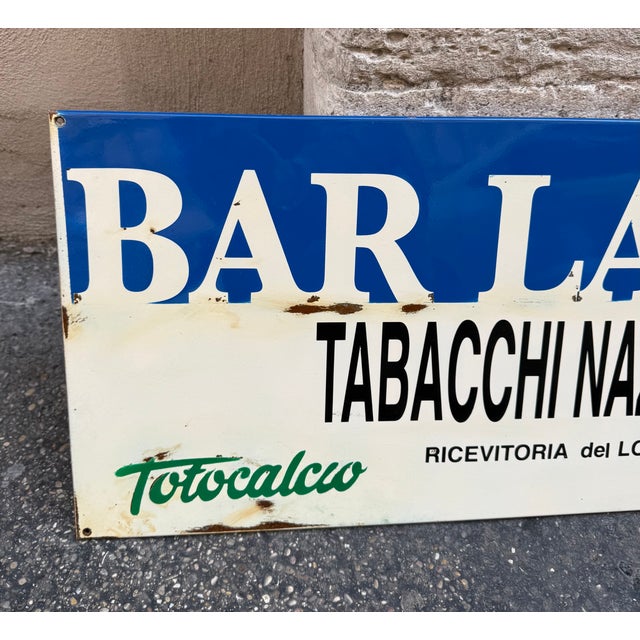Gorgeous original vintage enameled metal sign from a historic Italian business. Bright blue, white, black, and green...