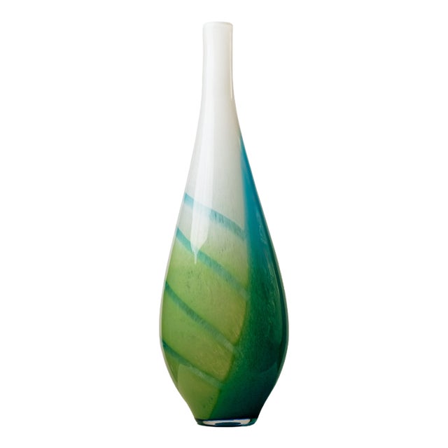White and Green Murano Glass Vase with Blue Stripes, 1980s For Sale