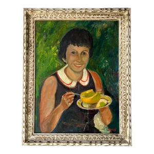 70's J. Karlin Woman Portrait Oil Painting, Frame