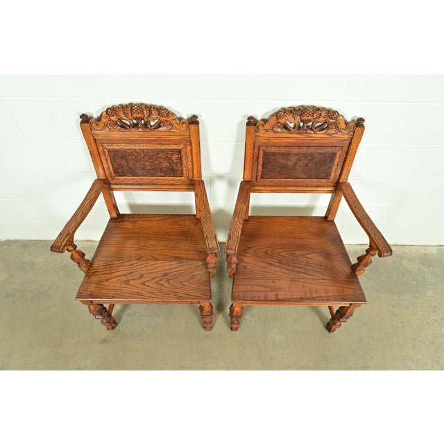 Early 20th Century Early Romweber Antique English Jacobean Carved Oak and Burl Wood Armchairs, Pair For Sale - Image 5 of 13