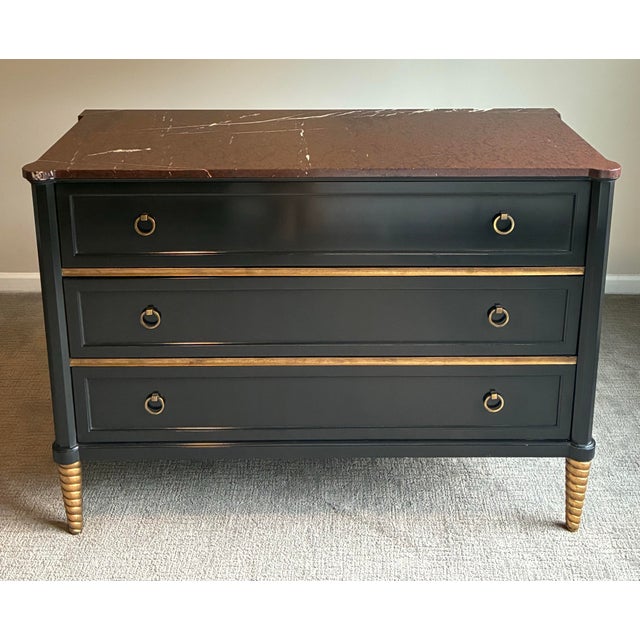 Late 20th Century Baker Black & Gilt 3-Drawer Marble Top Chest / Dresser – Neoclassical Hollywood Regency Style For Sale In Charlotte - Image 6 of 8