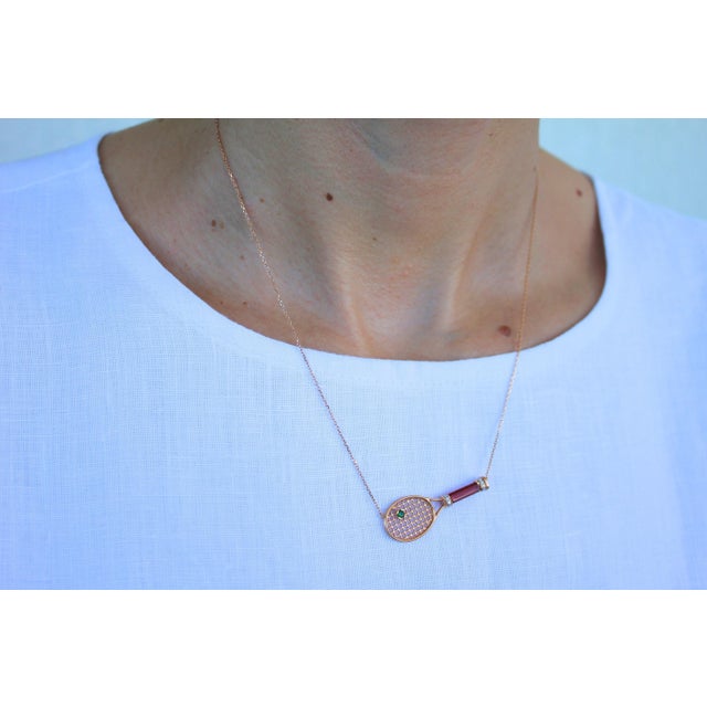 Metal Tennis Racket Red Carnelian Handle Green Emerald Tennis Ball Jewelry 18 Karat For Sale - Image 7 of 9