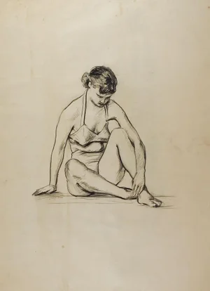 1950s Drawing Seated Female Figure 1950's
