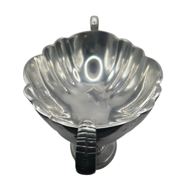 Vintage Pewter Pedestal Centerpiece Bowl With Scalloped Rim and Scrolled Handles For Sale - Image 4 of 10