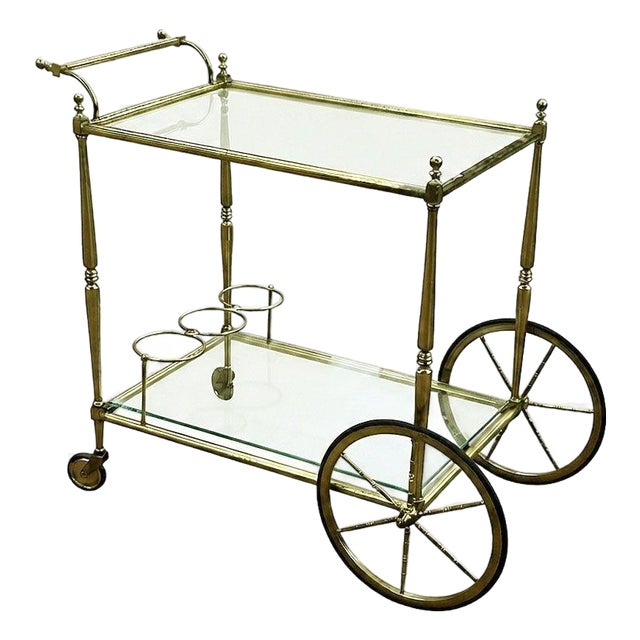 Mid-Century Regency French Solid Brass & Glass Bar Cart W/ Bottle Holder For Sale