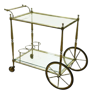 Mid-Century Regency French Solid Brass & Glass Bar Cart W/ Bottle Holder