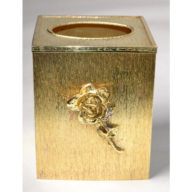 Hollywood Regency Vintage Embossed Gold Steel Hand-Crafted Tissue Box Cover Rose Detail Brushed Brass Finish For Sale - Image 3 of 12