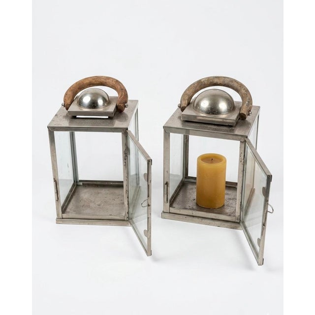 2000 - 2009 Traiditional Artisan Nickel-Finish Glass Lanterns With Driftwood Handles - a Pair For Sale - Image 5 of 12