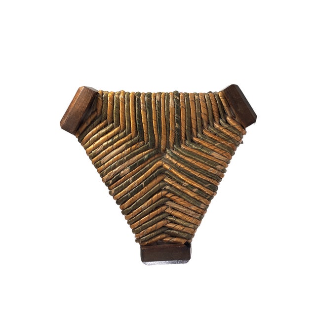 Pair of brutalist neo gothic oak tripod stools, France ca 1960s. This lovely pair comes with the woven rush two tone seats...