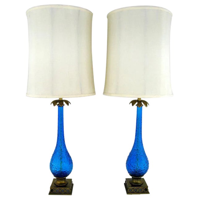 Bubble Textured Blue Glass Table Lamps With Brass Accents - a Pair For Sale
