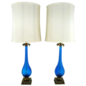 Bubble Textured Blue Glass Table Lamps With Brass Accents - a Pair