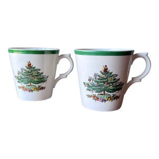 Late 20th Century Spode Christmas Tree Pattern Mugs Pointed Handle - Set of 2 For Sale