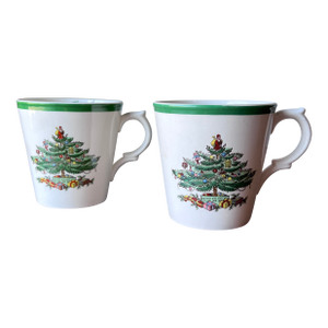 Late 20th Century Spode Christmas Tree Pattern Mugs Pointed Handle - Set of 2