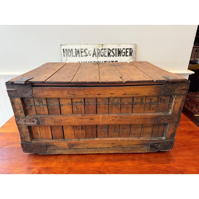 Antique First National Stores Wooden Shipping Crate With Lid – Wire Reinforced Grocery Transport Basket – Coffee Table Storage Chest For Sale - Image 13 of 18