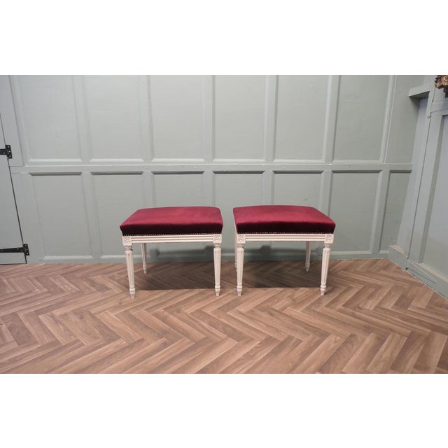 A Pair of Red Velvet Library or Window Stools A Lovely pair, these very attractive Victorian stools stand on elegant...