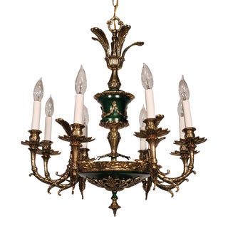 Vintage French Regency Green Empire Brass 4 Arm 8 Lite Chandelier W Ormolu For Sale