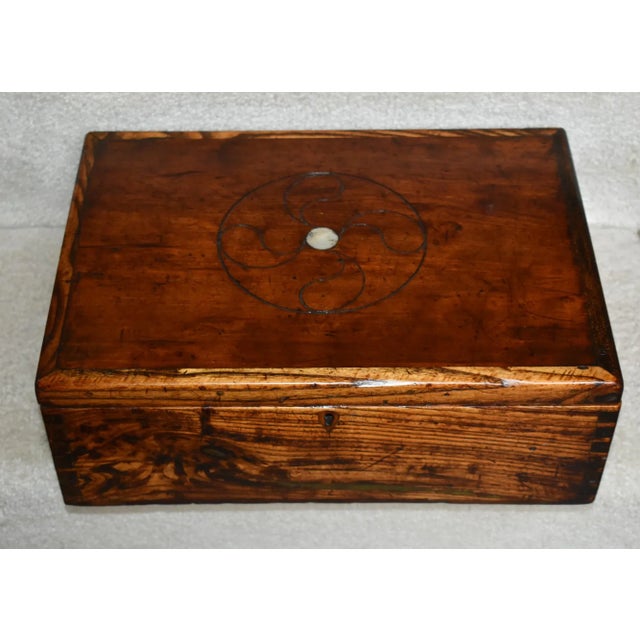 Transitional Antique Inlaid Oak & Cherry Carved & Hand Dovetailed Box For Sale - Image 3 of 13