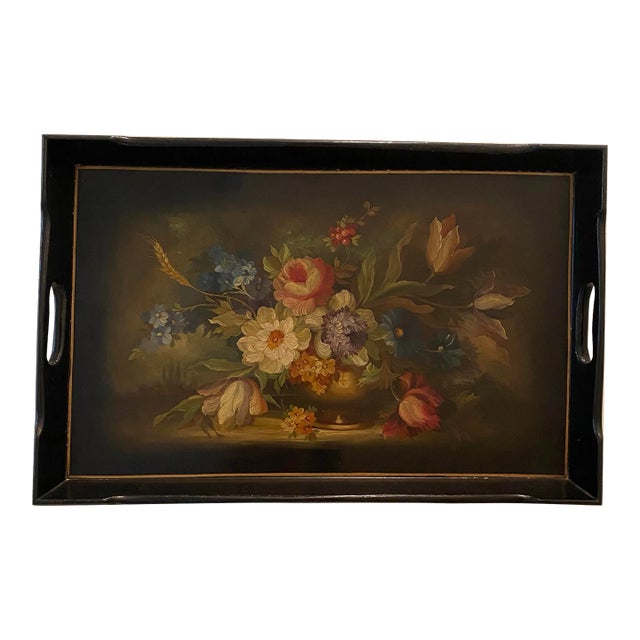 Vintage Hand-Painted Floral Oil Painting Lacquered Tray Wall Art For Sale
