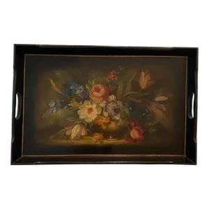Vintage Hand-Painted Floral Oil Painting Lacquered Tray Wall Art