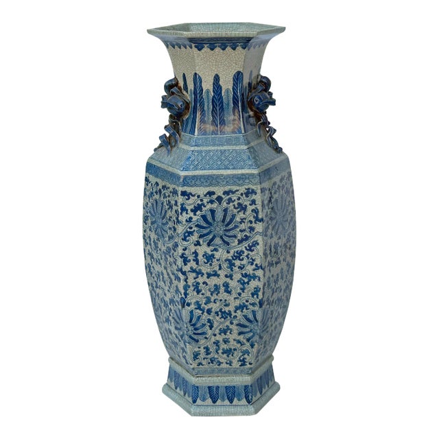 Vintage Chinese Off White Blue Flower Graphic Hexagonal Porcelain Vase For Sale