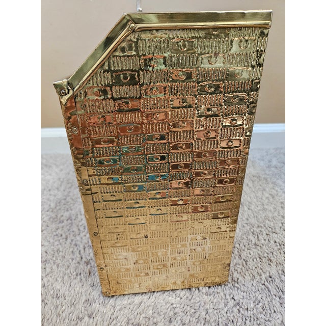 Mid 20th Century Mid 20th Century Vintage Embossed Brass and Wood Magazine Holder Rack For Sale - Image 5 of 8