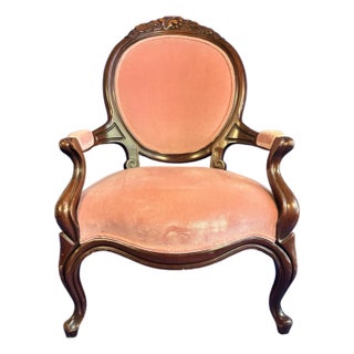 Antique Victorian Rococo Revival Balloon-Back Armchair in Rose Velvet For Sale