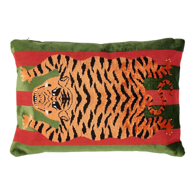 Schumacher x Johnson Hartig Jokhang Tiger Velvet 20" Lumbar Pillow in Red & Green For Sale