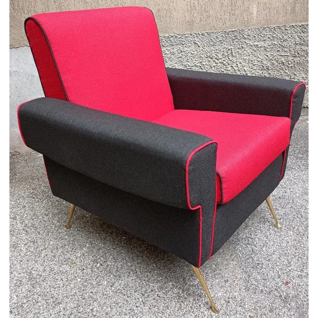 Set of Armchairs in Red and Black with Brass Legs, 1950s For Sale - Image 6 of 9