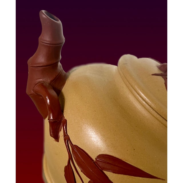 Mustard Vintage Bamboo Yixing Zisha Chinese Unglazed Tea Pot With Bamboo Handle & Spout For Sale - Image 8 of 9