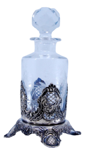 Acid Etched Glass Liqueur Bottle with Cut-Out Silver Frame and Feet