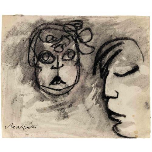 Charcoal and watercolor drawing realized by Mino Maccari in 1960s. Hand signed lower left. Charcoal sketch on rear. Very...