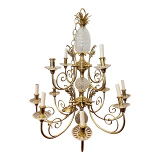 Vintage 1980’s Quoizel Pineapple Twelve Arm Brass & Crystal Chandelier For Sale
