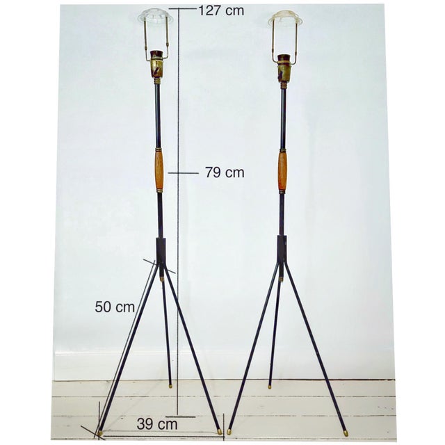 Mid-Century Modern Danish Brass and Teak Tripod Floor Lamps attributed to Svend Aage Holm Sørensen, 1950s, Set of 2 For Sale - Image 3 of 9