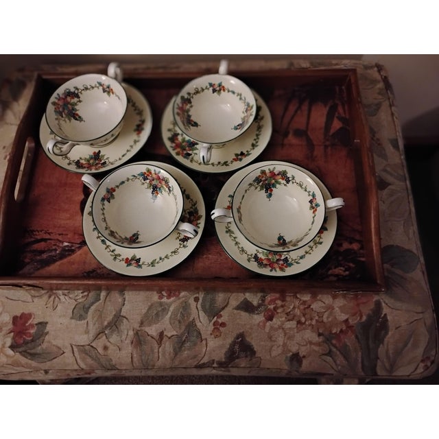 Wedgewood Queens Ware Ventnor enameled doubled handled soup and saucer set. Typically made in the 20s. Typically...