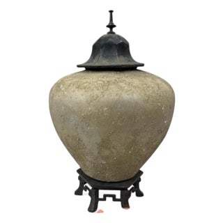 Chinoiserie Stone-Finish Covered Jar on Metal Pagoda Stand With Hollywood Provenance For Sale