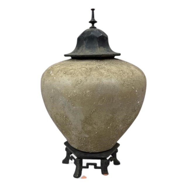 Chinoiserie Stone-Finish Covered Jar on Metal Pagoda Stand With Hollywood Provenance For Sale