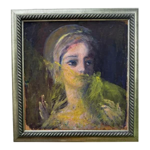 Original Mid Century Painting of a Woman With Veil.